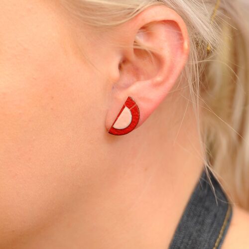Half circle copper enamel duo studs in scarlet red and pink