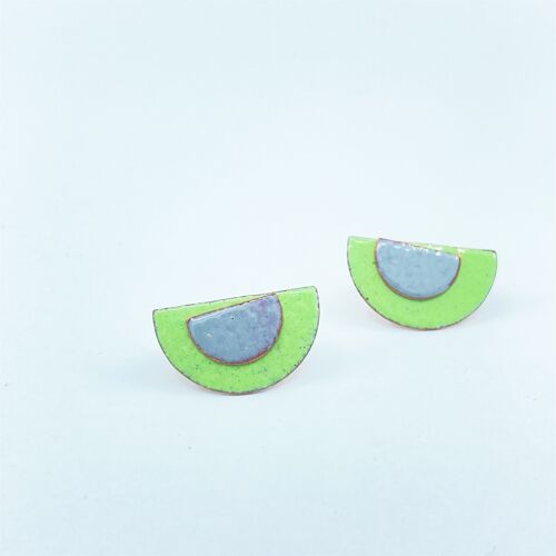 Half circle copper enamel duo studs in leaf green and grey
