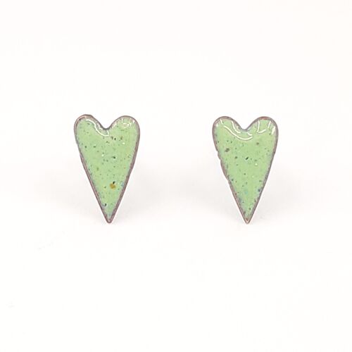 Copper enamel elongated heart studs in celadon green.