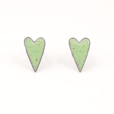 Copper enamel elongated heart studs in celadon green.