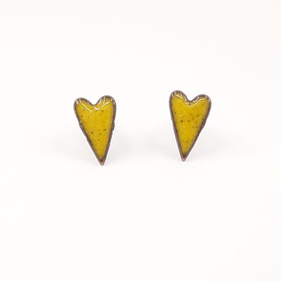 Copper enamel elongated heart studs in buttercup yellow