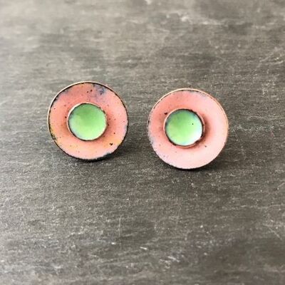 Copper enamel concave 2 in 1 stud earrings in baker-miller pink and celadon green