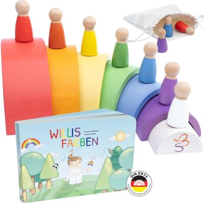 WILLIS RAINBOGENWELT Wooden rainbow game made of beech wood with wooden figures and a children's book