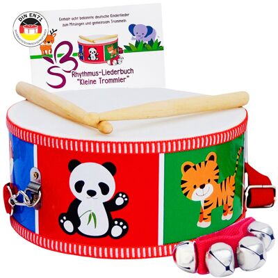 KLEINE TROMMLER Trommel-Set für Kinder mit Trommelbuch, Holz-Trommelstöcken und Glockenarmband ab 3 Jahren.