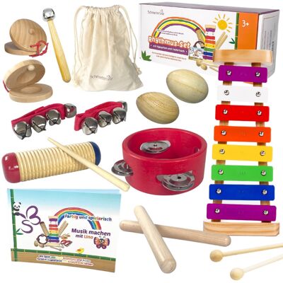 MUSIC SET RAINBOW Ensemble d'instruments de musique en bois de 16 pièces avec xylophone et recueil de chansons (sans plastique).