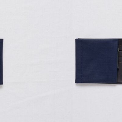 This navy blue canvas and leather wallet