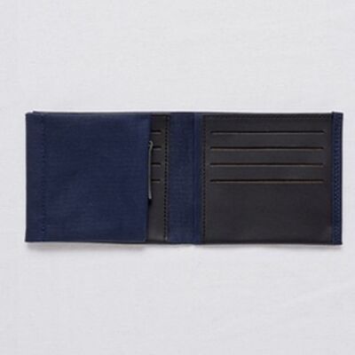 This navy blue canvas and leather wallet