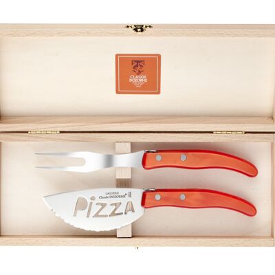 Coffret bois 2P service à pizza berlingot manche nacrine rouge