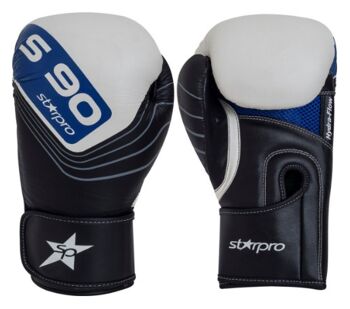 Gants de boxe en cuir Starpro S90 | noir-blanc-bleu - Couleur du produit : Blanc / Noir / Bleu / Taille du produit : 14 1