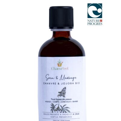 Aceite orgánico de tratamiento y masaje de cáñamo/jojoba | 100% naturales | Rostro, Cuerpo y Cabello