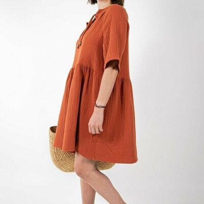 Short baby doll style dress in terracotta cotton gauze Made in France