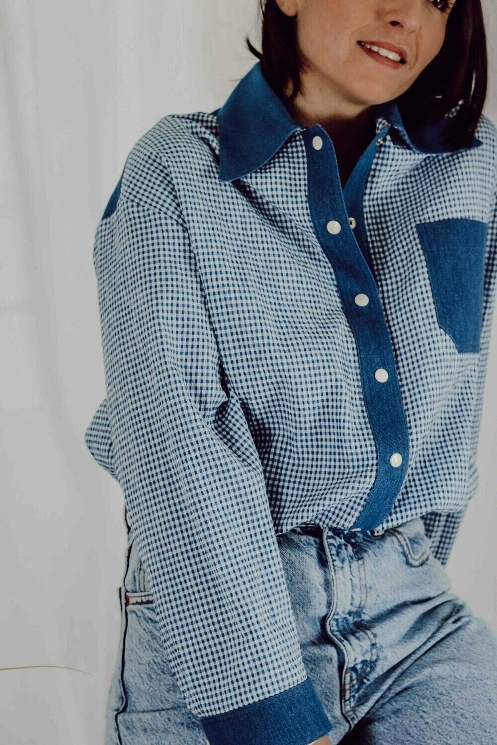 Straight fit gingham and denim shirt Made in France