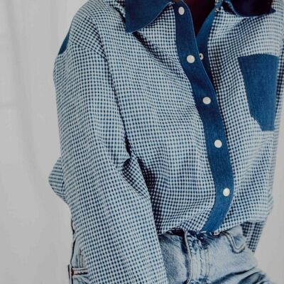 Straight fit gingham and denim shirt Made in France