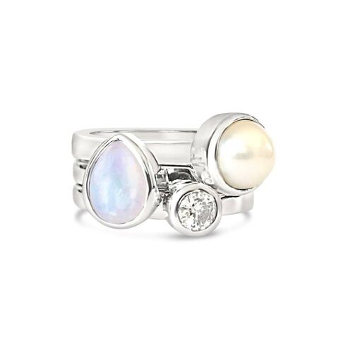 Moonstone, cz and pearl sterling silver stacking ring__S
