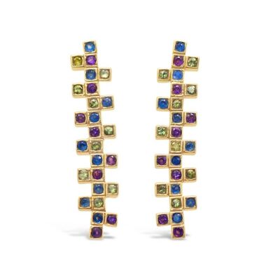 Art deco earrings in amethyst, peridot and blue chalcedony