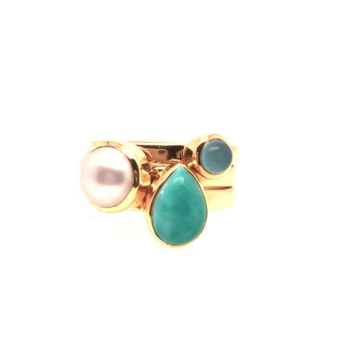 Gold, turquoise, pearl and aqua chalcedony stacking ring__R