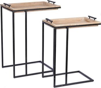 Tables d'appoint banc en métal avec plateau amovible en bois | Lot de 2