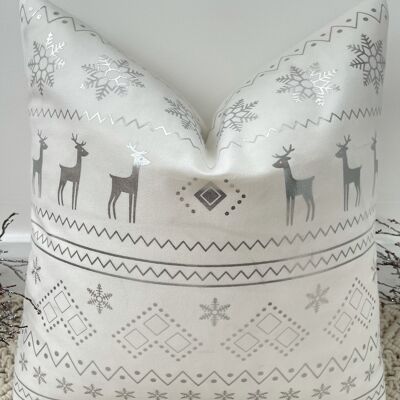 The White Reindeer and Silver Snowflake Christmas Soft Velvet Cushion