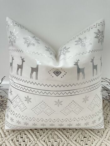 Coussin en velours doux Noël Renne blanc et flocon de neige argenté 2