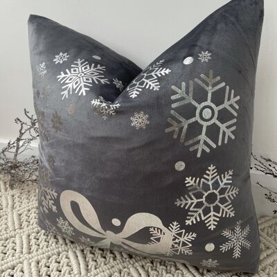 The Grey Bow and Snowflake Christmas Soft Velvet Cushion