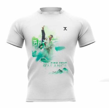 Chemise d'entraînement JCalicu Taekwondo Trouvez votre équilibre blanc-vert - Couleur du produit : Blanc Vert / Taille du produit : 4/5 (+/-128)