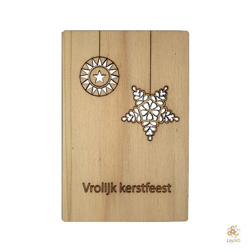 Lay3rD Lasercut - Houten Kerstkaart - Vrolijk Kerstfeest Ballen - Berk