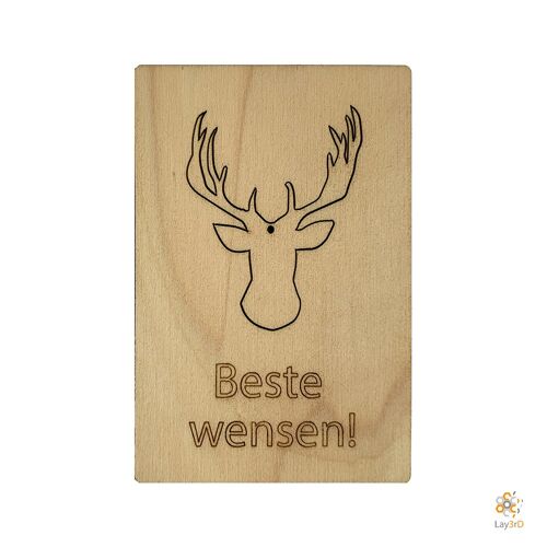 Lay3rD Lasercut - Houten Kerstkaart - Beste Wensen Hert - Berk