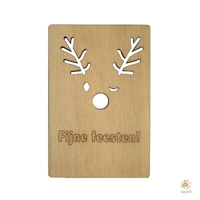 Lay3rD Lasercut - Houten Kerstkaart - Fijne Feesten Rendier - Berk