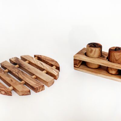 Olive wood set of salt and pepper shakers and coasters for pots and plates