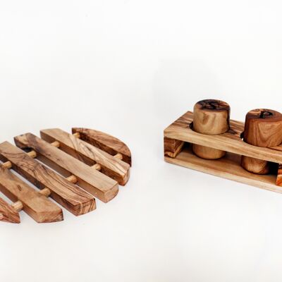 Olive wood set of salt and pepper shakers and coasters for pots and plates