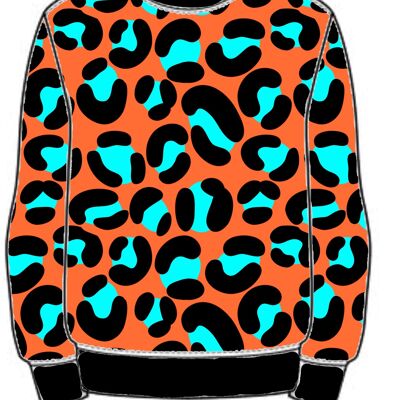 Klobiger orangefarbener handgemachter Pullover mit Leopardenmuster