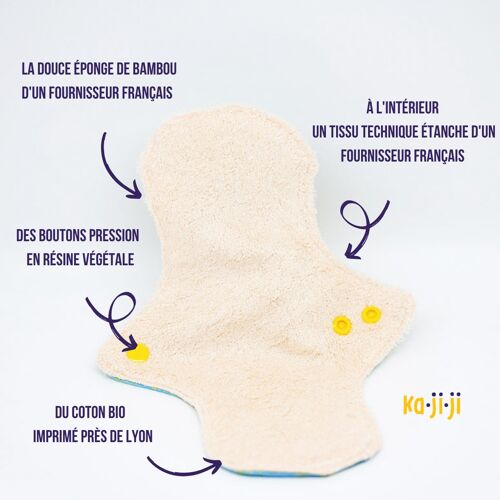Serviette menstruelle lavable - Coton bio avec intérieur Bambou - Fabriqué en France