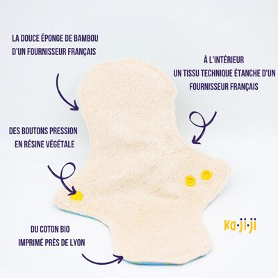 Compresa menstrual lavable - Algodón orgánico con interior de Bambú - Fabricada en Francia