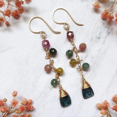 Earrings adorned with Tourmaline and Kyanite Gems