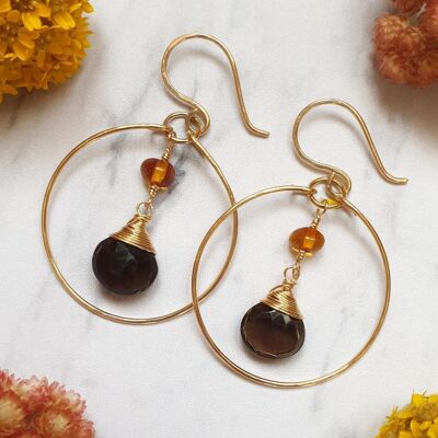 14K Gold-Filled Hoops adorned with Smoky Quartz and Amber