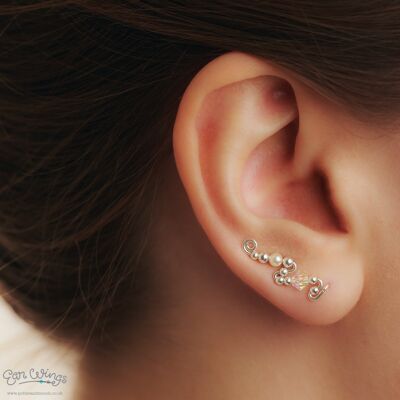 Ear Wings Cristales transparentes y perlas color crema Plata de ley