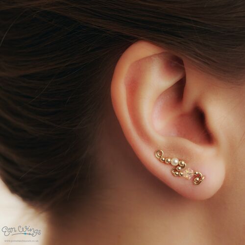 Ear Wings Clear Crystals and Cream Pearls 14ct Yellow Gold