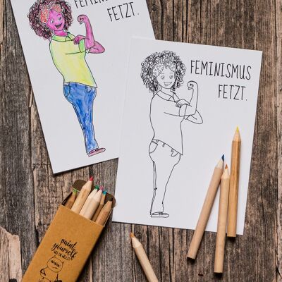 Postkarte »Feminismus fetzt« zum Ausmalen