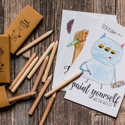 »Paint yourself« Set: Postkarten und Buntstifte zum Ausmalen