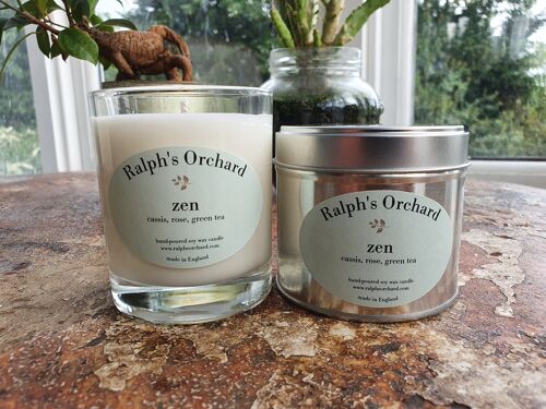 Zen: Cassis, Rose & Green Tea scented soy candles in silver tin