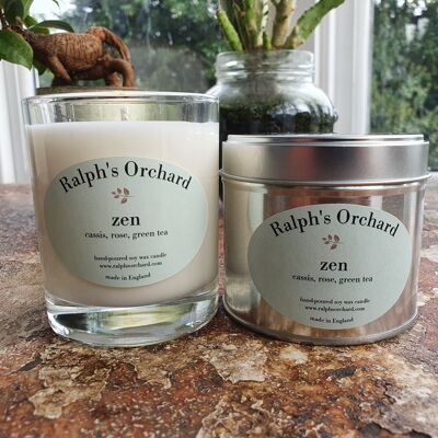 Zen: Cassis, Rose & Green Tea scented soy candles in silver tin