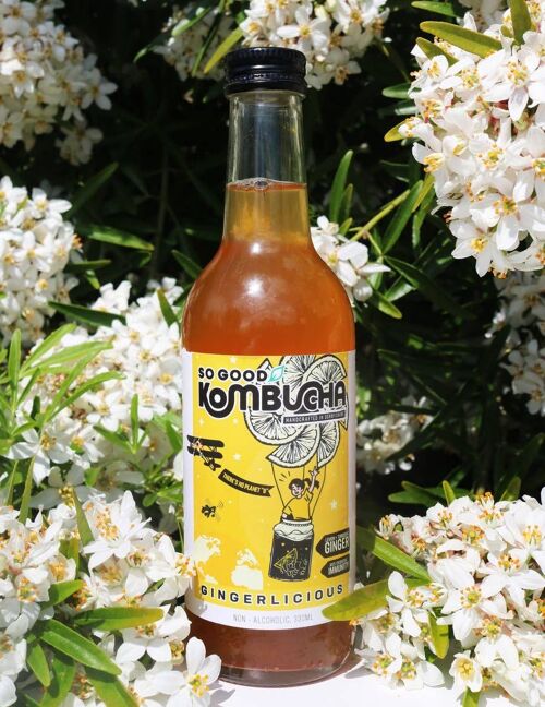 So Good Kombucha - Gingerlicious (Ginger, Lemon, Turmeric) - case of 12 x 330ml glass bottles.