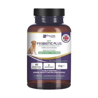 Pet Probiotic Plus avec ajout d'inuline et de cosses de psyllium 2 milliards d'UFC avec 5 souches actives I 60 comprimés à croquer au goût de poulet 2 mois d'approvisionnement par Prowise