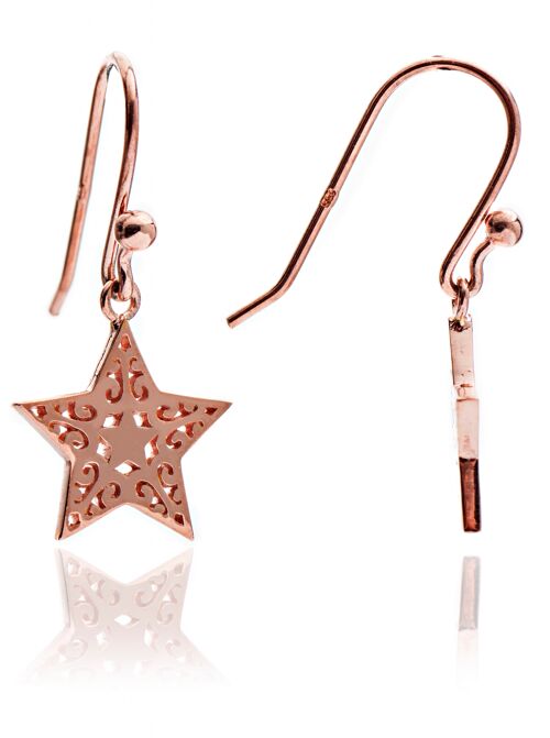 Ladies'/ Teenagers'18ct Rose Gold Vermeil  Filigree Star Charm  Drop Earrings