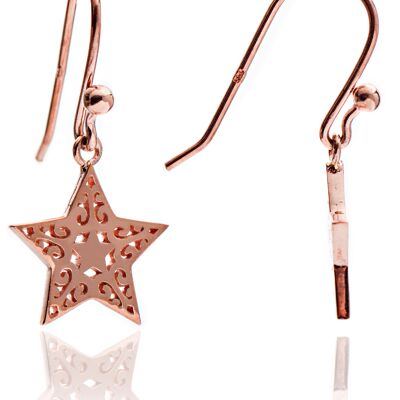 Ladies'/ Teenagers'18ct Rose Gold Vermeil  Filigree Star Charm  Drop Earrings