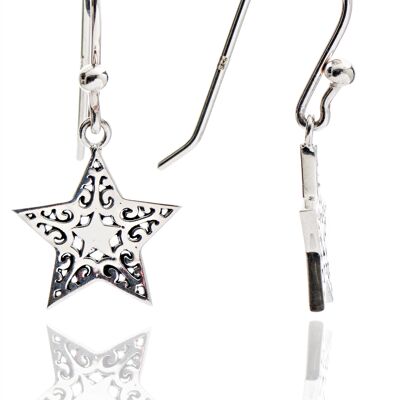 Aretes colgantes con dije de estrella de filigrana de plata esterlina para mujer / adolescente