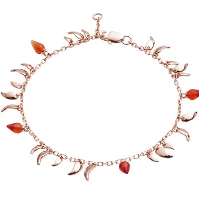 Vermeil in oro rosa da 18 carati su bracciale in argento sterling con sfarfallio fiamma rossa pietra petalo fuoco catena