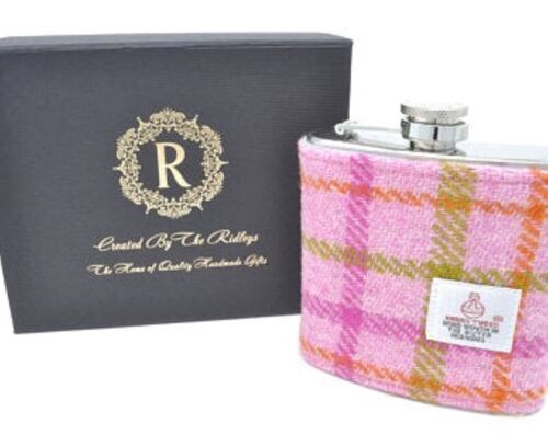 6oz Harris Tweed Hip Flask - Pink Tartan  - HT41