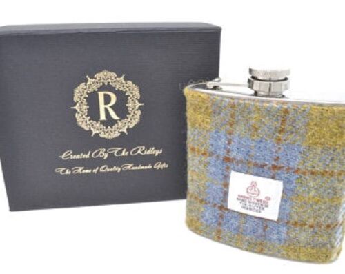 6oz Harris Tweed Hip Flask - Mustard Tartan - HT27