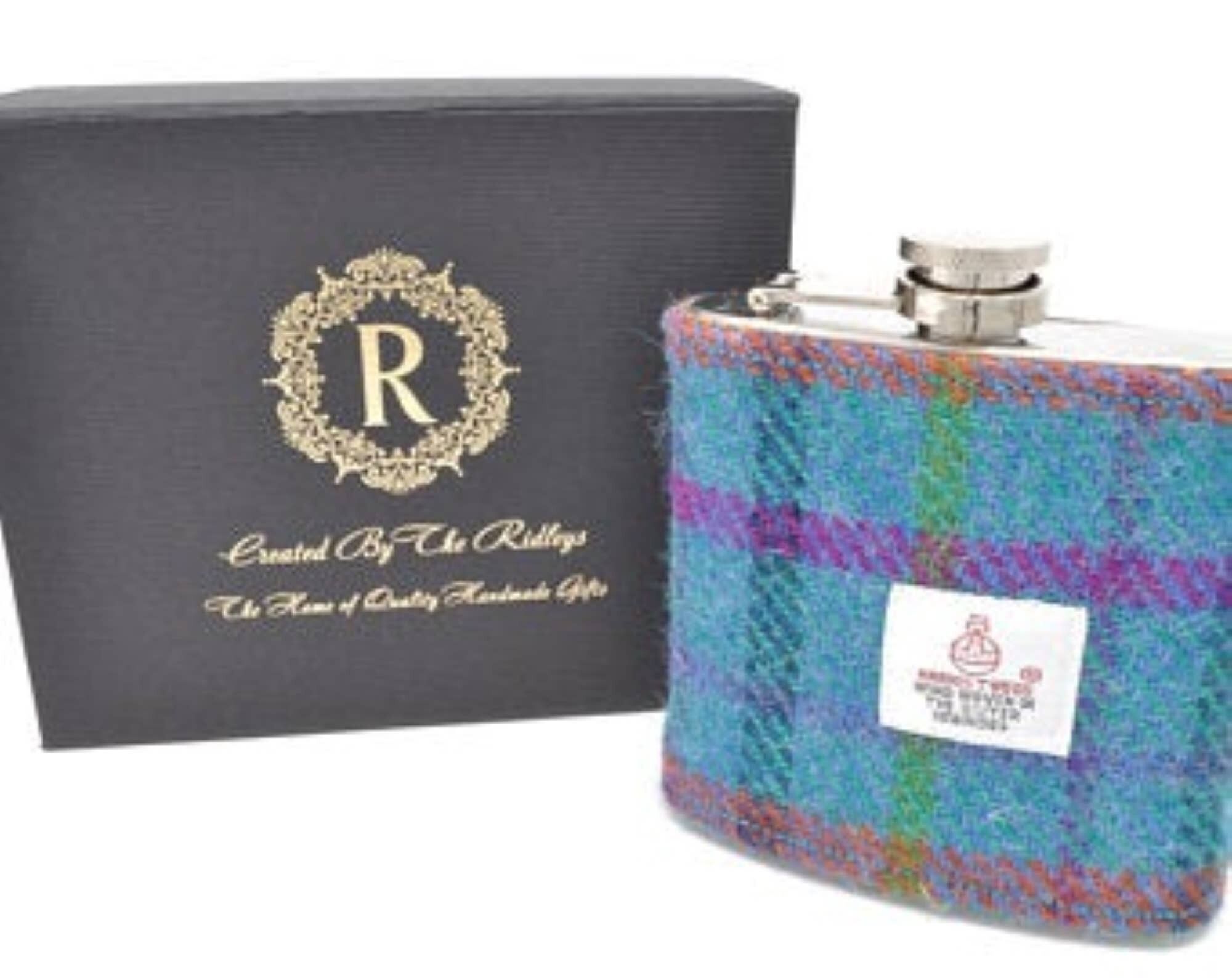 Fiaschetta da 6 once in Harris Tweed - Teal Tartan - HT06